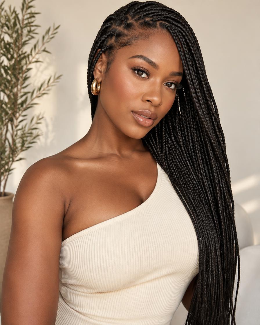 Woman with long, neatly parted braids swept over one shoulder