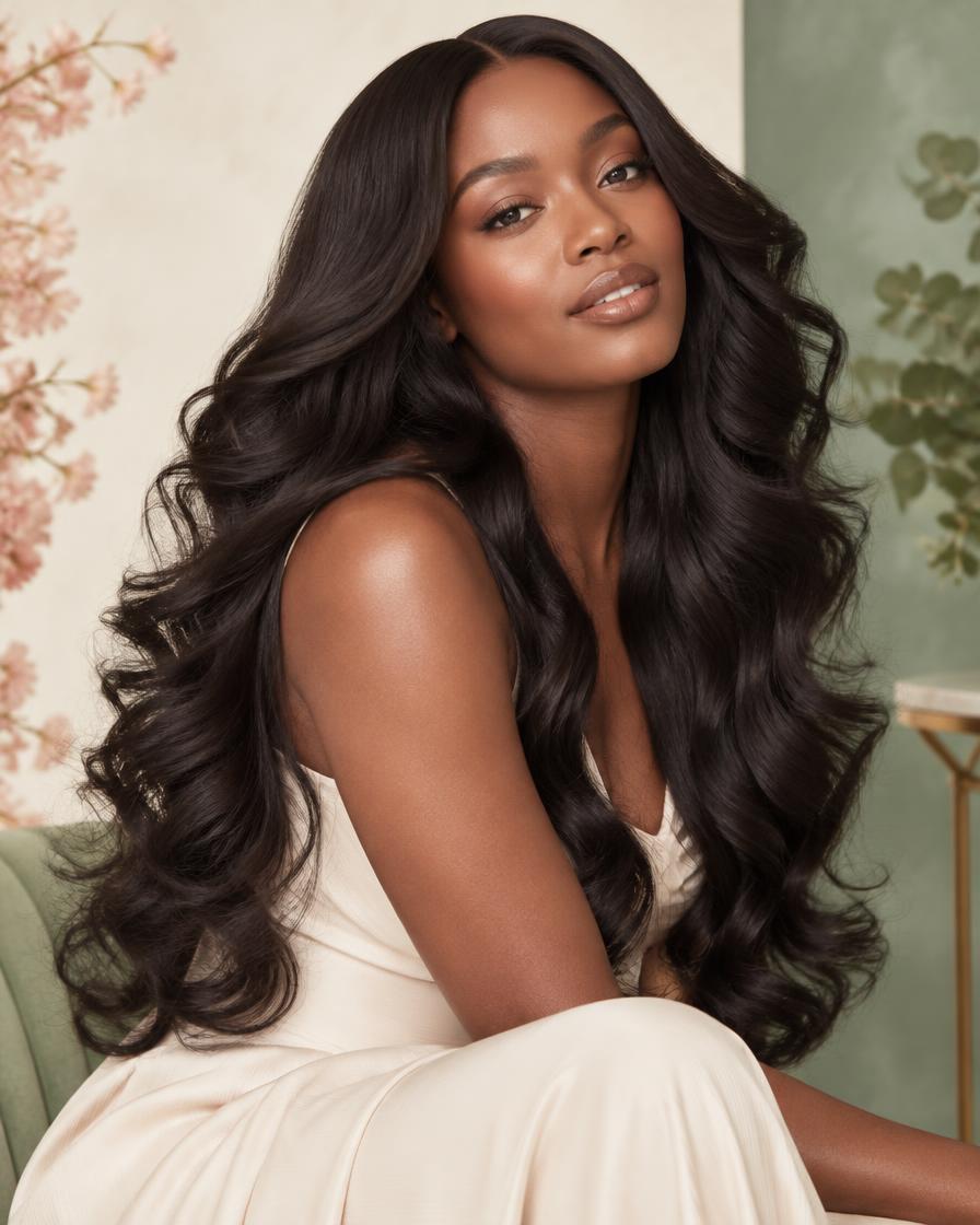 Woman with very long, voluminous dark hair in soft bouncy waves