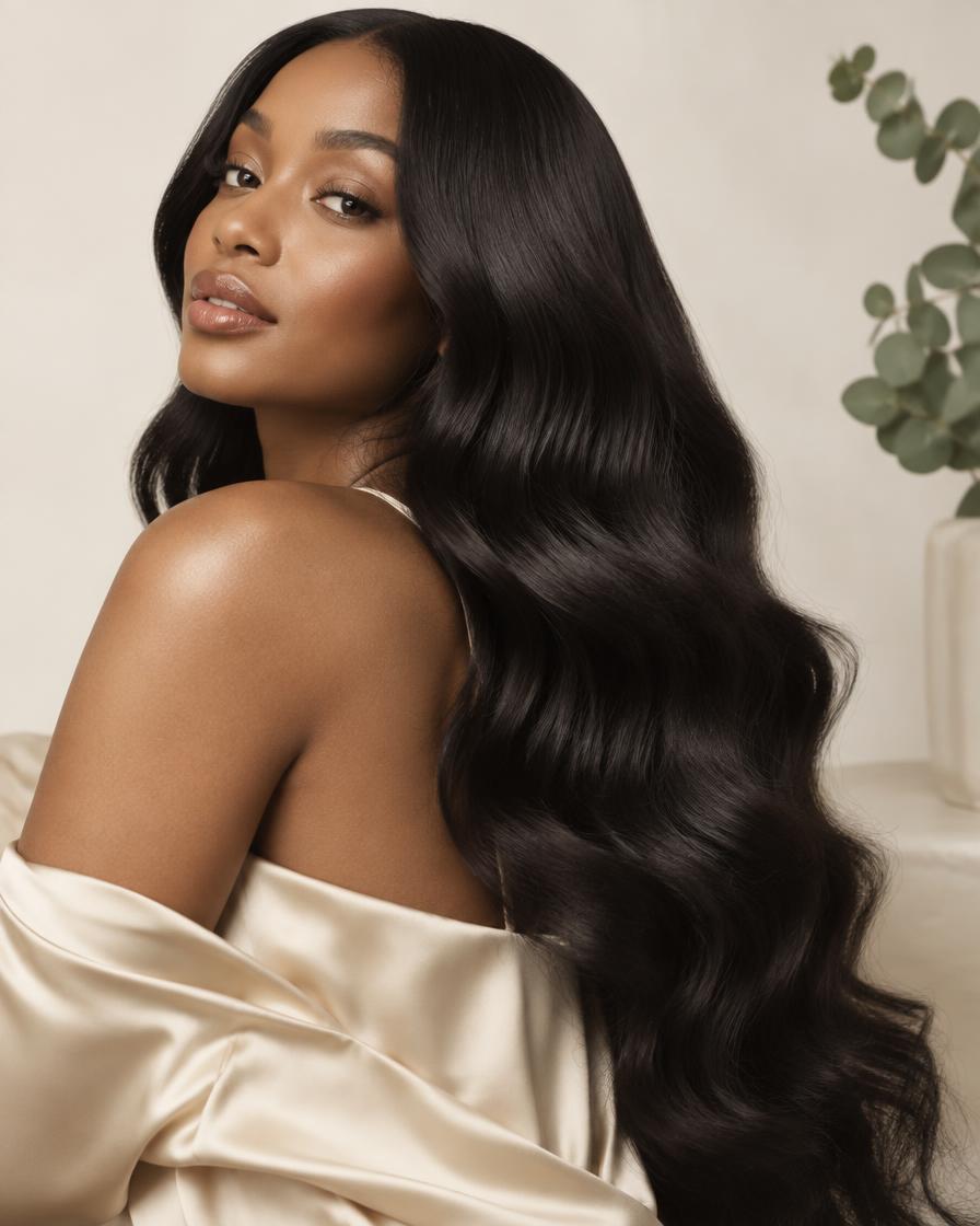 Woman with long, glossy black hair styled in smooth flowing waves